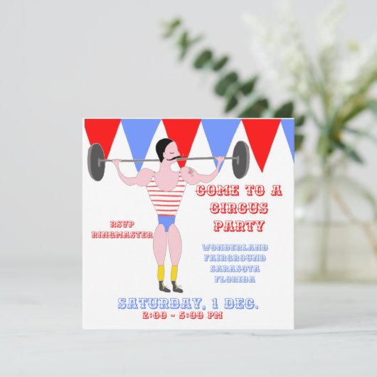 Circus Sterk Man Rode Circus Tent Stripe Party Kaart (Staand voorkant)