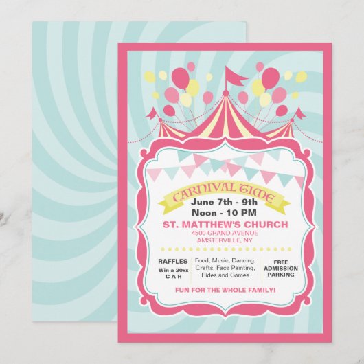 Circus Tent Carnival Invitation Kaart (Voorkant / Achterkant)