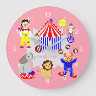 Circus Tent Cartoon Clowns & Animals Gepersonalise Grote Klok