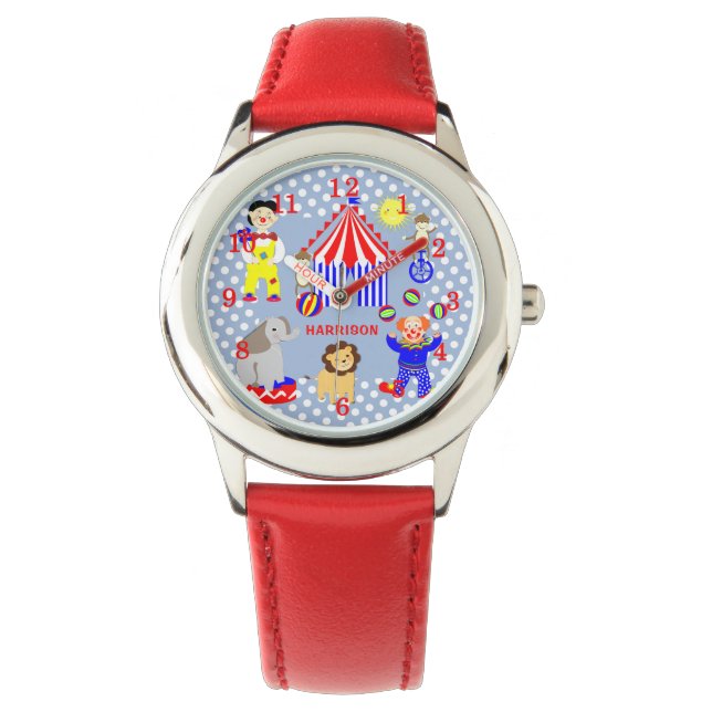Circus Tent Cartoon Clowns & Animals Gepersonalise Horloge (Voorkant)