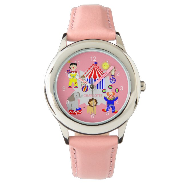 Circus Tent Cartoon Clowns & Animals Gepersonalise Horloge (Voorkant)