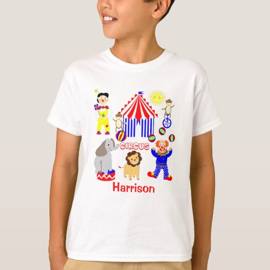 Circus Tent Cartoon Clowns & Animals Gepersonalise T-shirt (Voorkant)