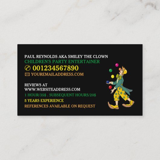 Circus Tent Clown, Kinder entertainer, clown Visitekaartje (Achterkant)