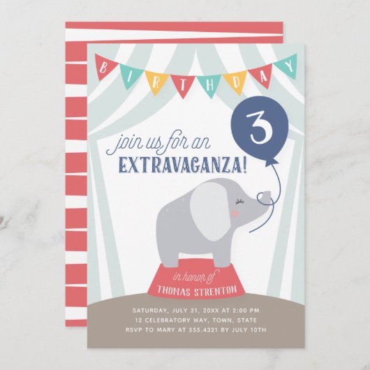Circus Tent Elephant Birthday Extravaganza ELKE LE Aankondiging (Voorkant / Achterkant)