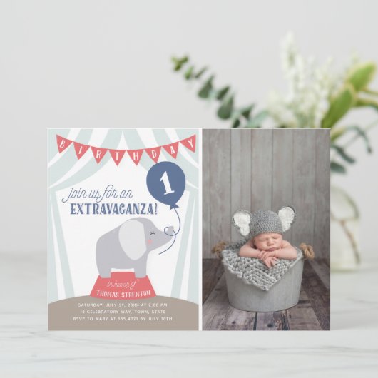 Circus Tent Elephant Birthday Extravaganza Foto Aankondiging (Staand voorkant)