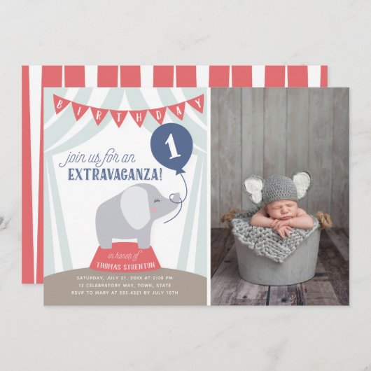 Circus Tent Elephant Birthday Extravaganza Foto Aankondiging (Voorkant / Achterkant)
