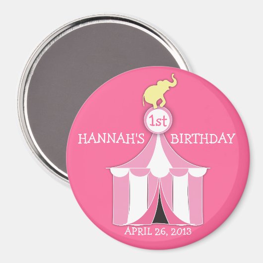 Circus Tent & Olifant Meisjes Verjaardagsfeestmagn Magneet (Voorkant / Achterkant)