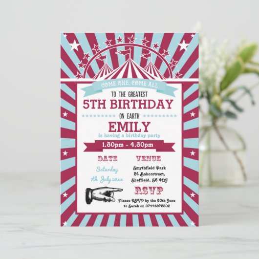 Circus thema verjaardagsfeestje uitnodiging (Staand voorkant)