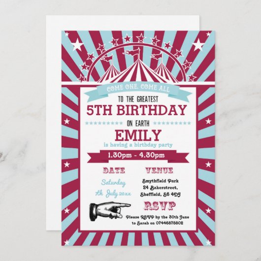Circus thema verjaardagsfeestje uitnodiging (Voorkant / Achterkant)