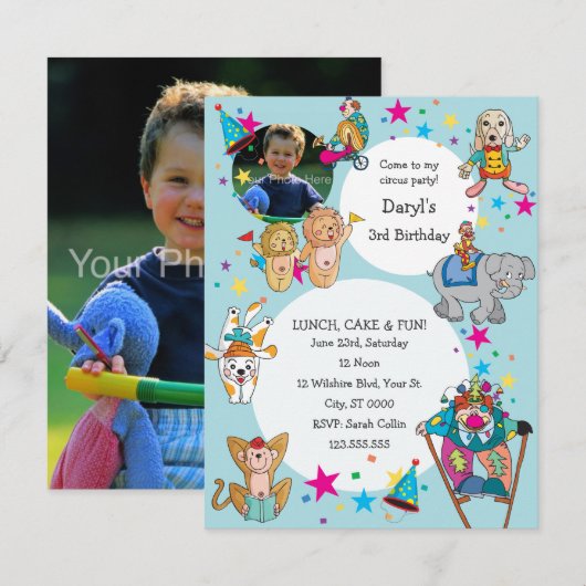 Circus Theme Children's Birthday Party Invitation Kaart (Voorkant / Achterkant)