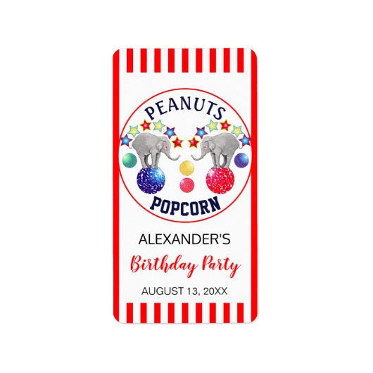Circus Theme Elephant Birthday Party Favors Etiket (Voorkant)