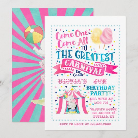 Circus Theme Girl Birthday Party Invitation Kaart (Voorkant / Achterkant)