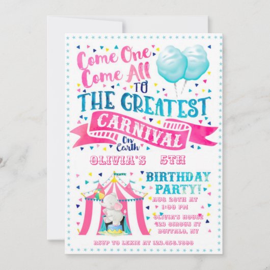 Circus Theme Girl Birthday Party Invitation Kaart (Voorkant)