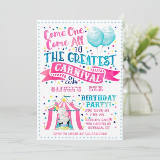 Circus Theme Girl Birthday Party Invitation Kaart (Staand voorkant)