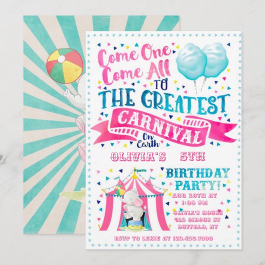 Circus Theme Girl Birthday Party Invitation Kaart (Voorkant / Achterkant)