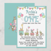 Circus Themed 1st Birthday Invitation Kaart (Voorkant / Achterkant)
