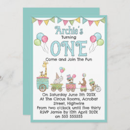 Circus Themed 1st Birthday Invitation Kaart