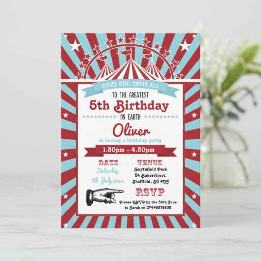 Circus themed verjaardagsfeestuitnodiging kaart (Staand voorkant)