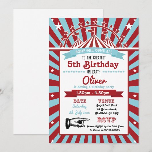 Circus themed verjaardagsfeestuitnodiging kaart (Voorkant / Achterkant)