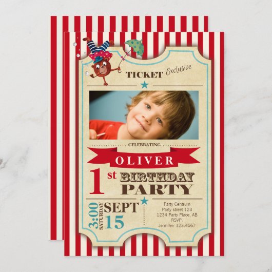 Circus Ticket 1 st Birthday | meer adresruimte | Kaart (Voorkant / Achterkant)
