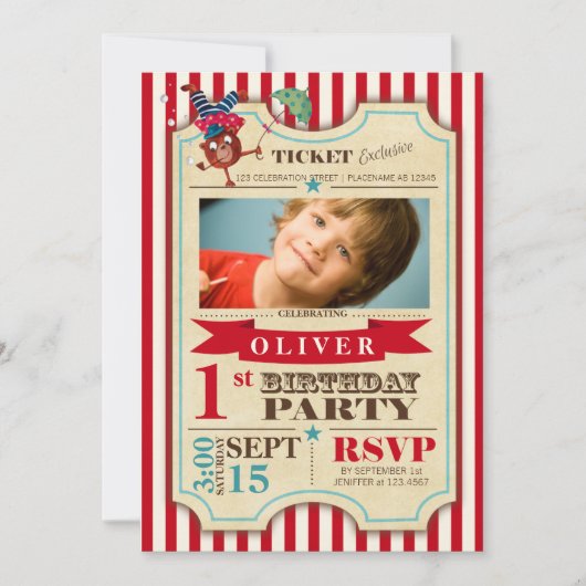 Circus Ticket 1 st Birthday | partijuitnodiging Kaart (Voorkant)