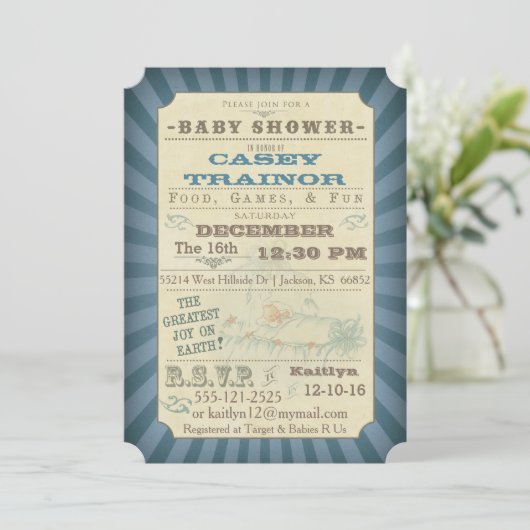  Circus Ticket Baby Boy Douche Uitnodiging (Staand voorkant)