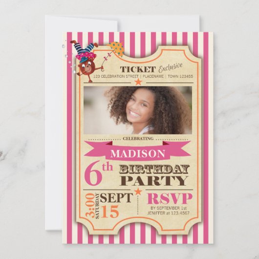 Circus Ticket | Birthday Girl | partijuitnodiging Kaart (Voorkant)