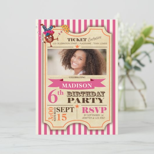 Circus Ticket | Birthday Girl | partijuitnodiging Kaart (Staand voorkant)
