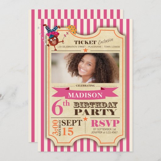 Circus Ticket | Birthday Girl | partijuitnodiging Kaart (Voorkant / Achterkant)