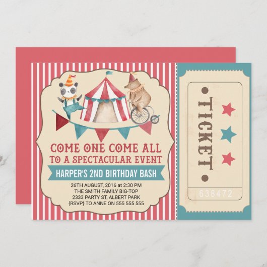  Circus Ticket Birthday Party Invitation Kaart (Voorkant / Achterkant)