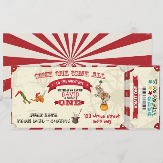 Circus Ticket Circus Show Boy 1st Birthday Party Kaart (Voorkant / Achterkant)