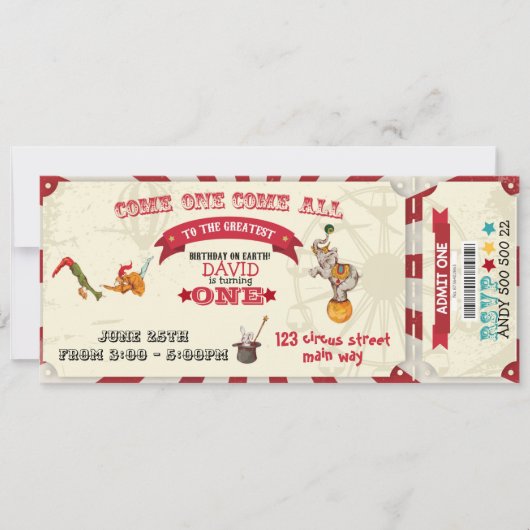 Circus Ticket Circus Show Boy 1st Birthday Party Kaart (Voorkant)