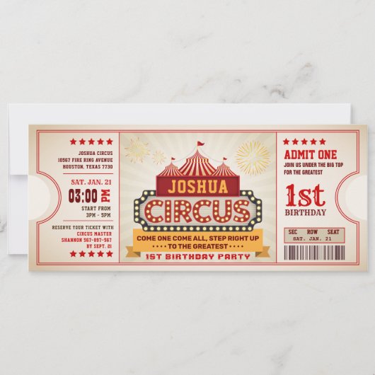 Circus Ticket First Birthday Invitation Kaart (Voorkant)