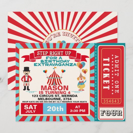 Circus Ticket Jongens Verjaardagsfeest Uitnodiging (Voorkant / Achterkant)