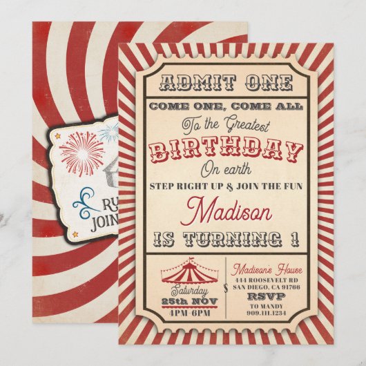  Circus Ticket Party Verjaardagsuitnodiging Kaart (Voorkant / Achterkant)