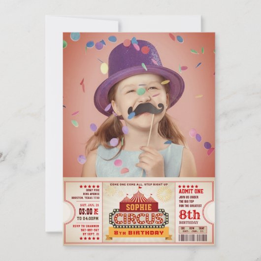 Circus Ticket Pass Photo Birthday Invitation Kaart (Voorkant)