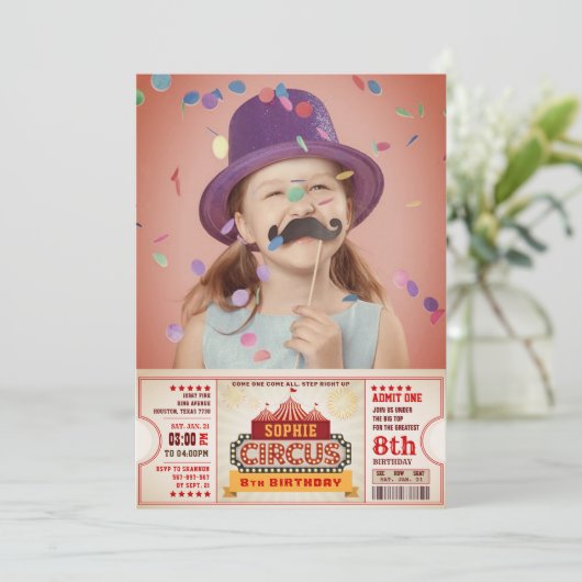 Circus Ticket Pass Photo Birthday Invitation Kaart (Staand voorkant)