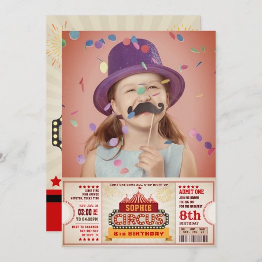 Circus Ticket Pass Photo Birthday Invitation Kaart (Voorkant / Achterkant)