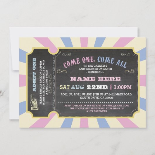 Circus Ticket Pink Blue Ticket Baby shower Kaart (Voorkant)