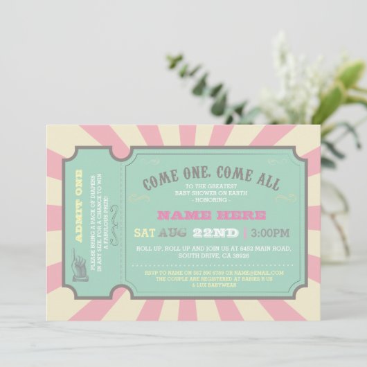 Circus Ticket Roze Baby shower Uitnodiging (Staand voorkant)