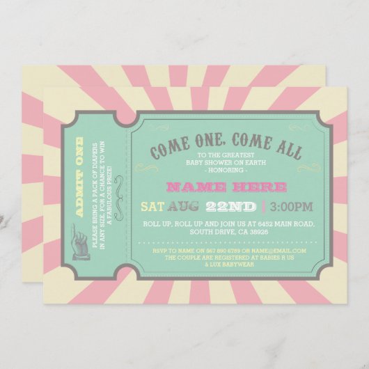 Circus Ticket Roze Baby shower Uitnodiging (Voorkant / Achterkant)