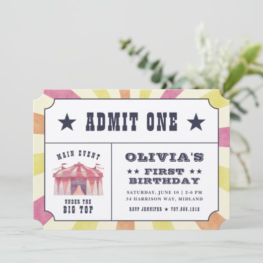 Circus Ticket Verjaardagsfeestuitnodiging Kaart (Staand voorkant)