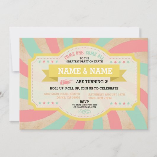 Circus Tweeling Verjaardag Mint & Koraal Carnaval Kaart (Voorkant)