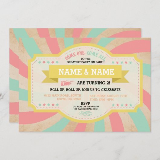 Circus Tweeling Verjaardag Mint & Koraal Carnaval  Kaart (Voorkant / Achterkant)