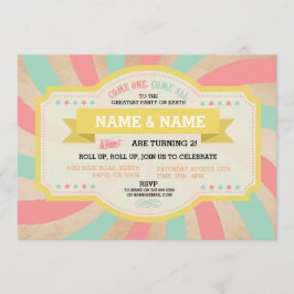 Circus Twins Birthday Mint & Coral Carnival Invite Kaart