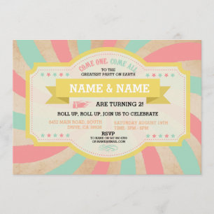 Circus Twins Birthday Mint & Coral Carnival Invite Kaart