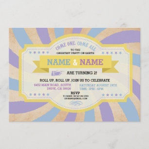 Circus Twins Birthday Party Blue Carnival Invite Kaart