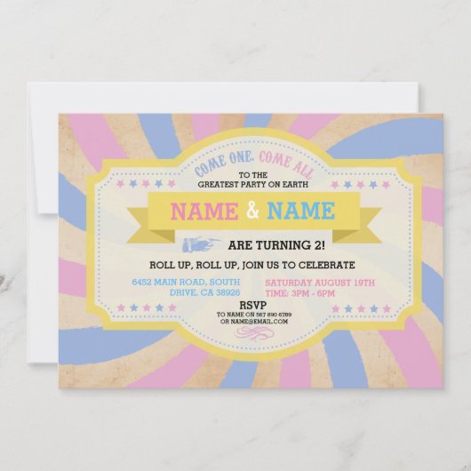 Circus Twins Verjaardag Roze & Blauw Carnaval Uitn Kaart (Voorkant)