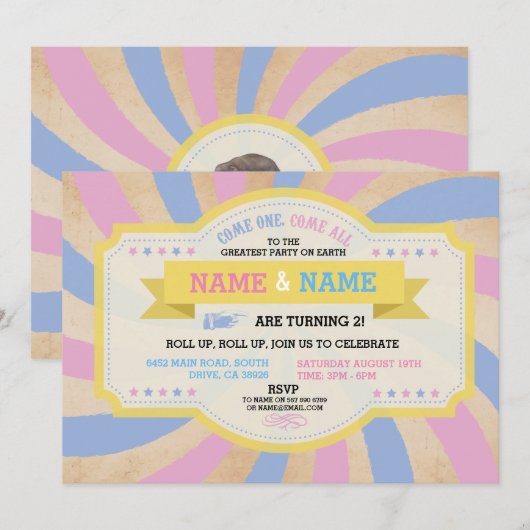 Circus Twins Verjaardag Roze & Blauw Carnaval Uitn Kaart (Voorkant / Achterkant)