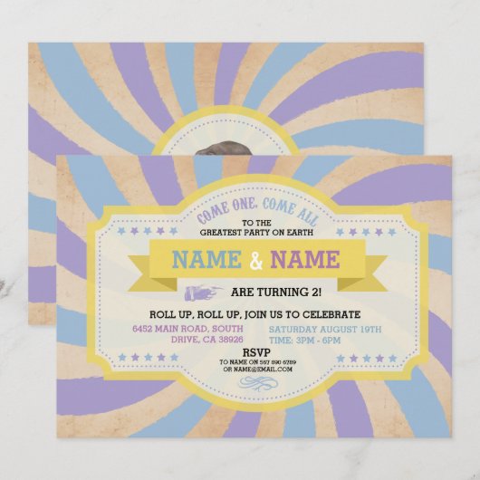 Circus Twins Verjaardagsfeest Blauw Carnaval Uitno Kaart (Voorkant / Achterkant)